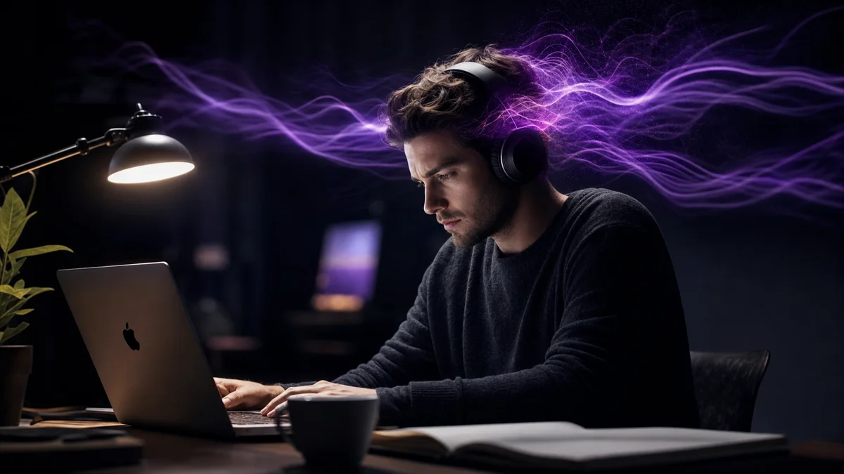 Man focused at desk wearing headphones with purple gamma brainwave trails