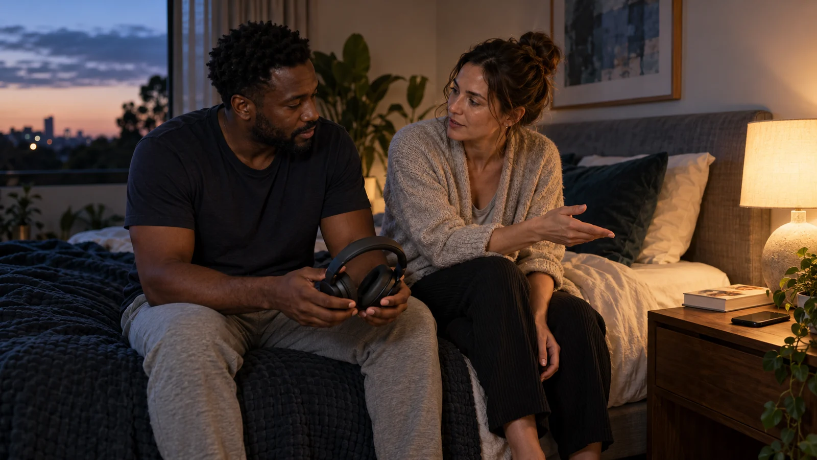 Two fictional adult partners discuss a shared bedtime listening plan while one holds unworn headphones