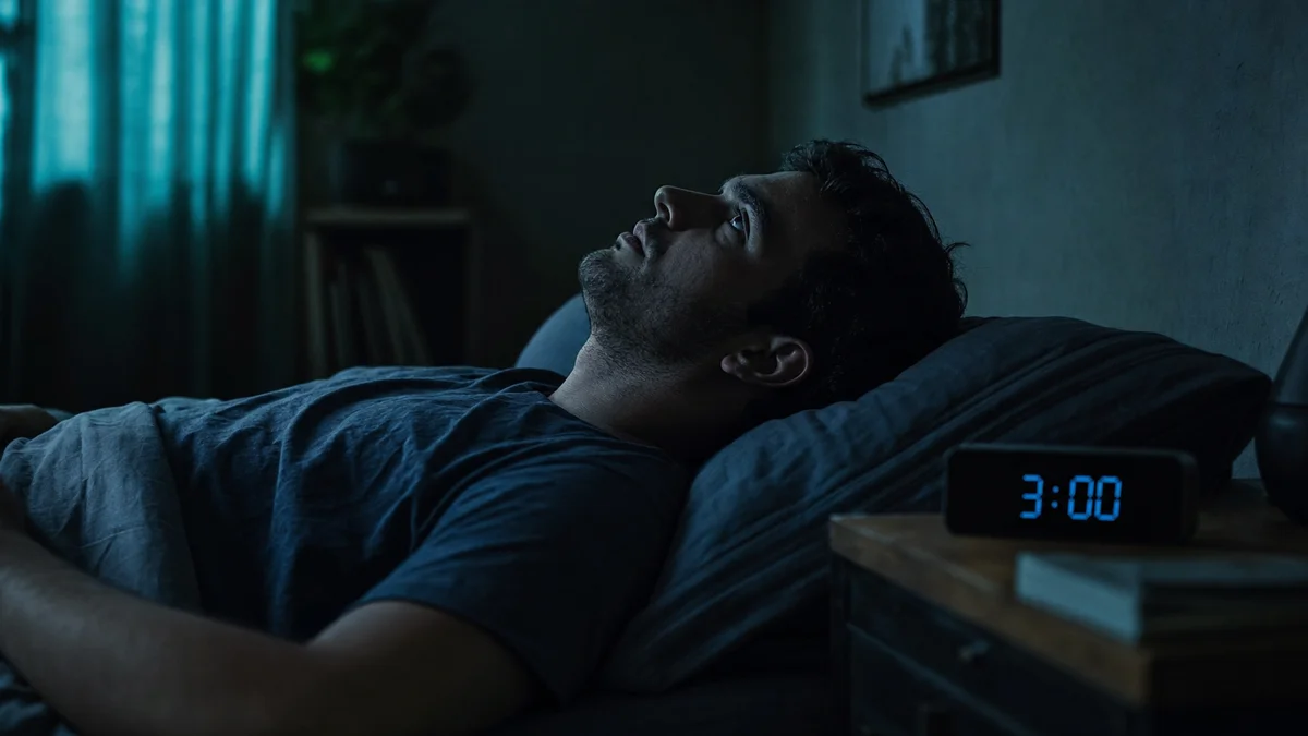 Man lying awake in dark bedroom staring at ceiling at 3am