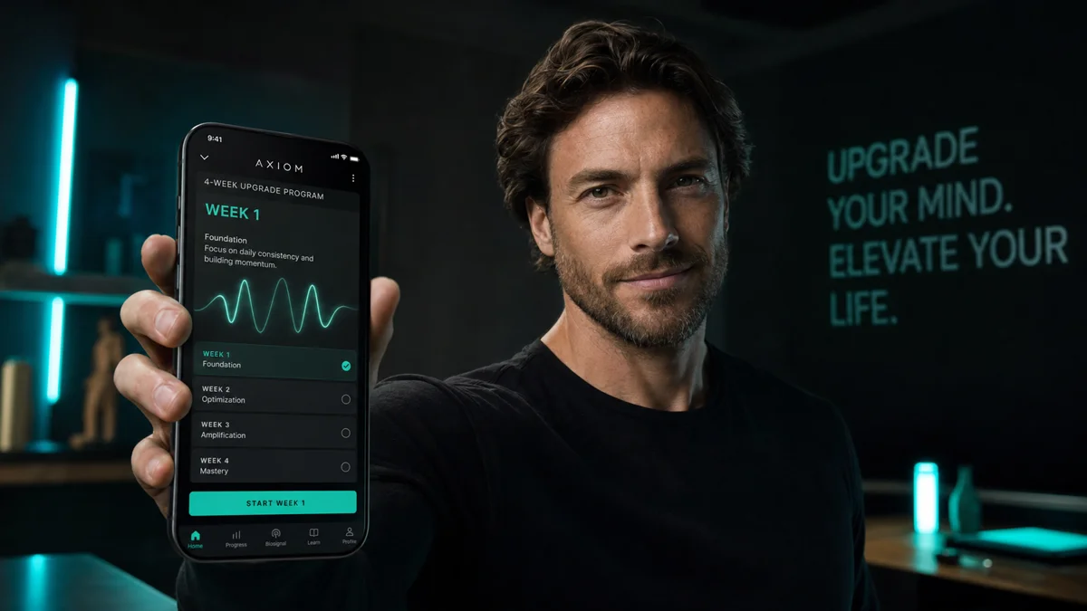 Confident person holding iPhone showing structured 4-week frequency program