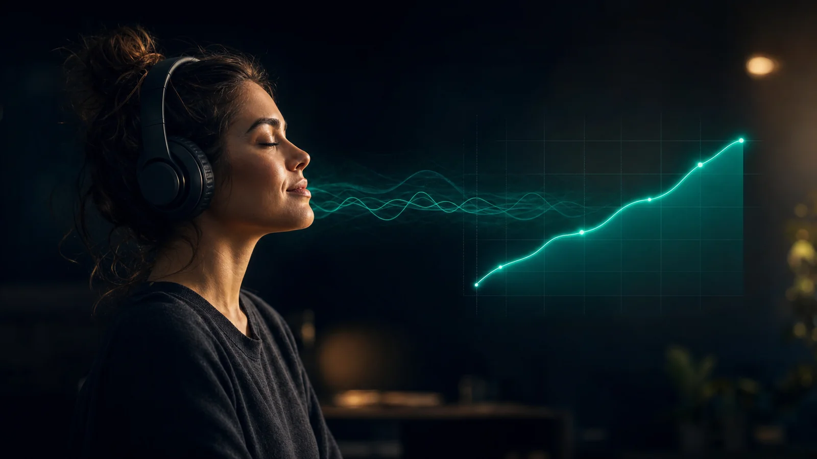 Woman with closed eyes wearing headphones, teal frequency waves flowing into an ascending line chart
