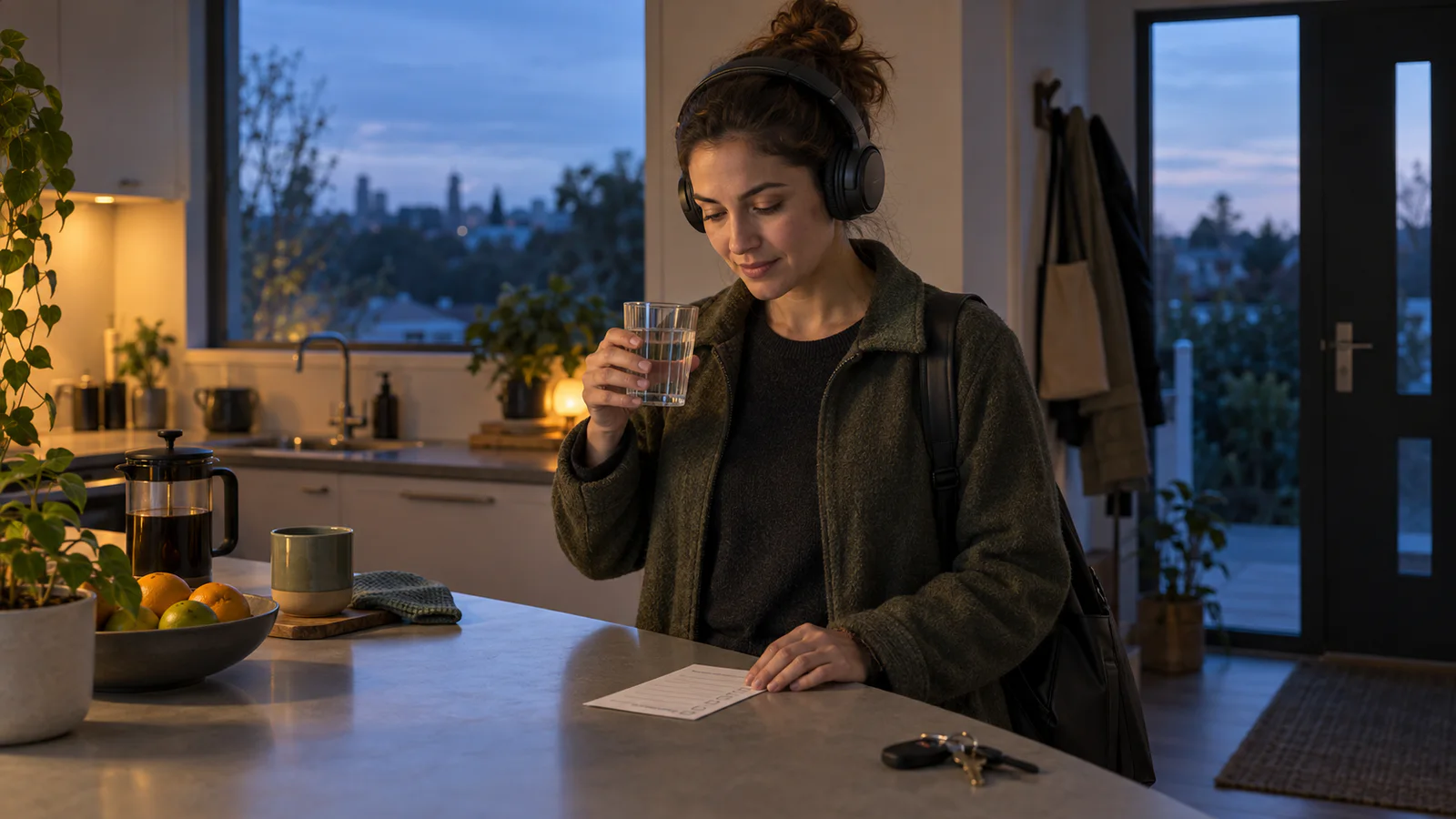 A worker wearing over-ear headphones drinks water and checks a short routine before leaving home at dawn