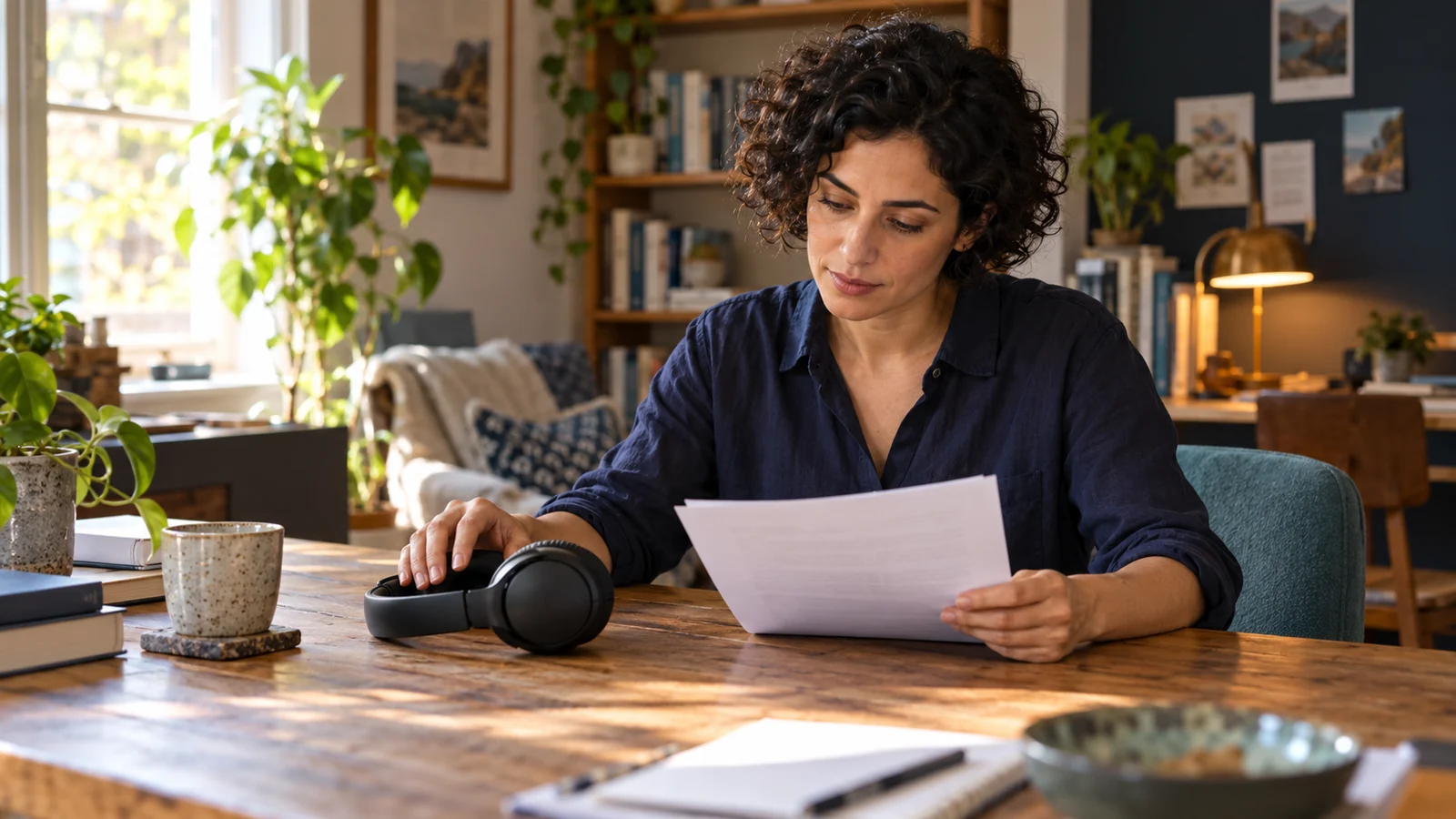 A fictional adult reads at a table with headphones set aside while choosing whether to work without audio