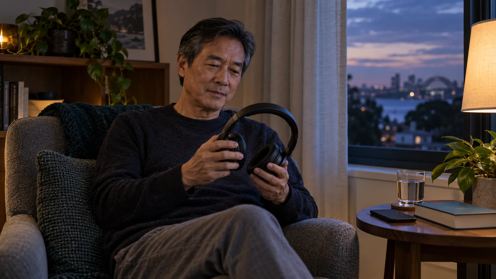 A fictional adult man safely chooses headphones for a calm pre-bed listening routine at home