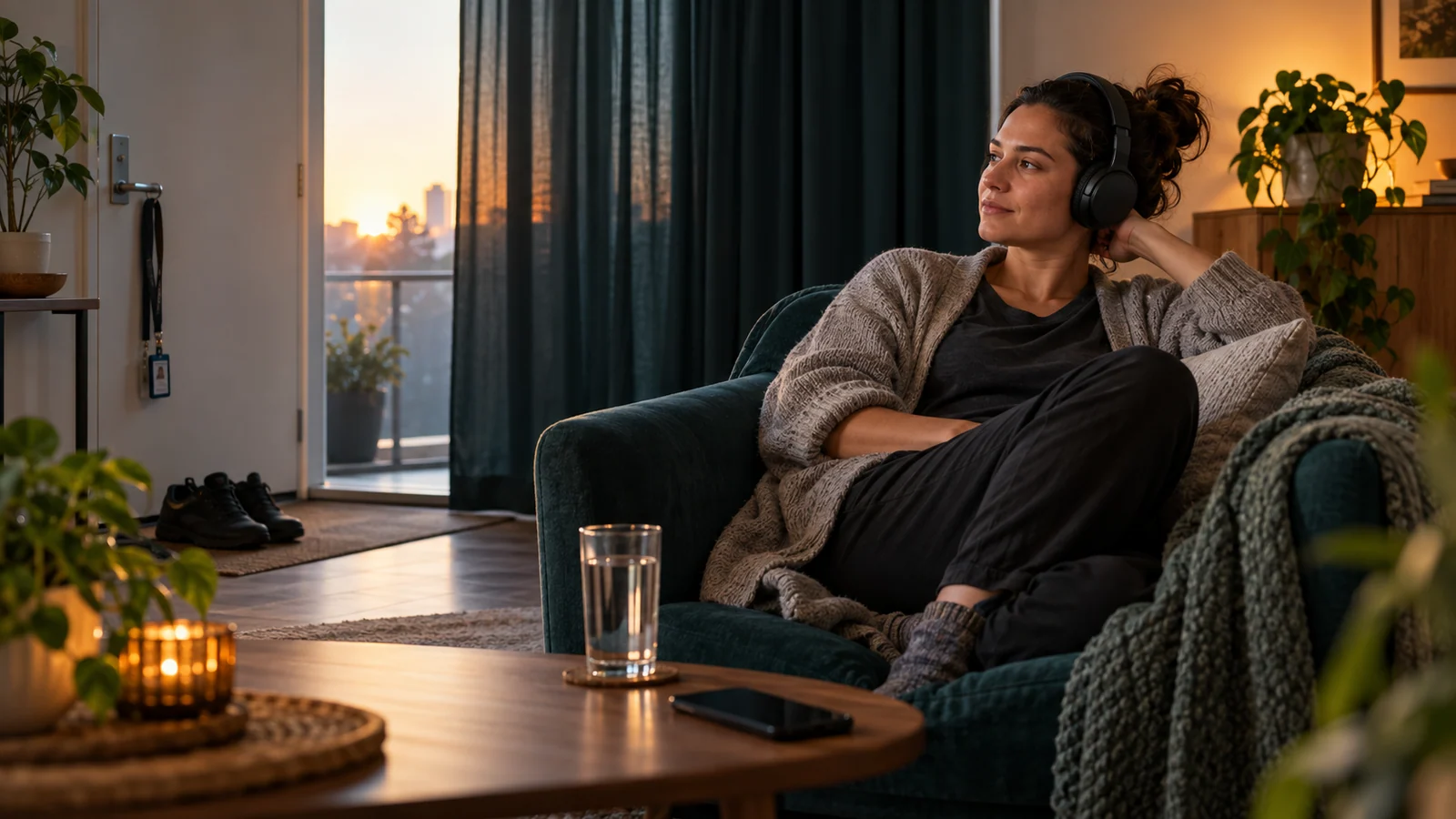 A night-shift worker winds down safely at home after sunrise with headphones, water and blackout curtains