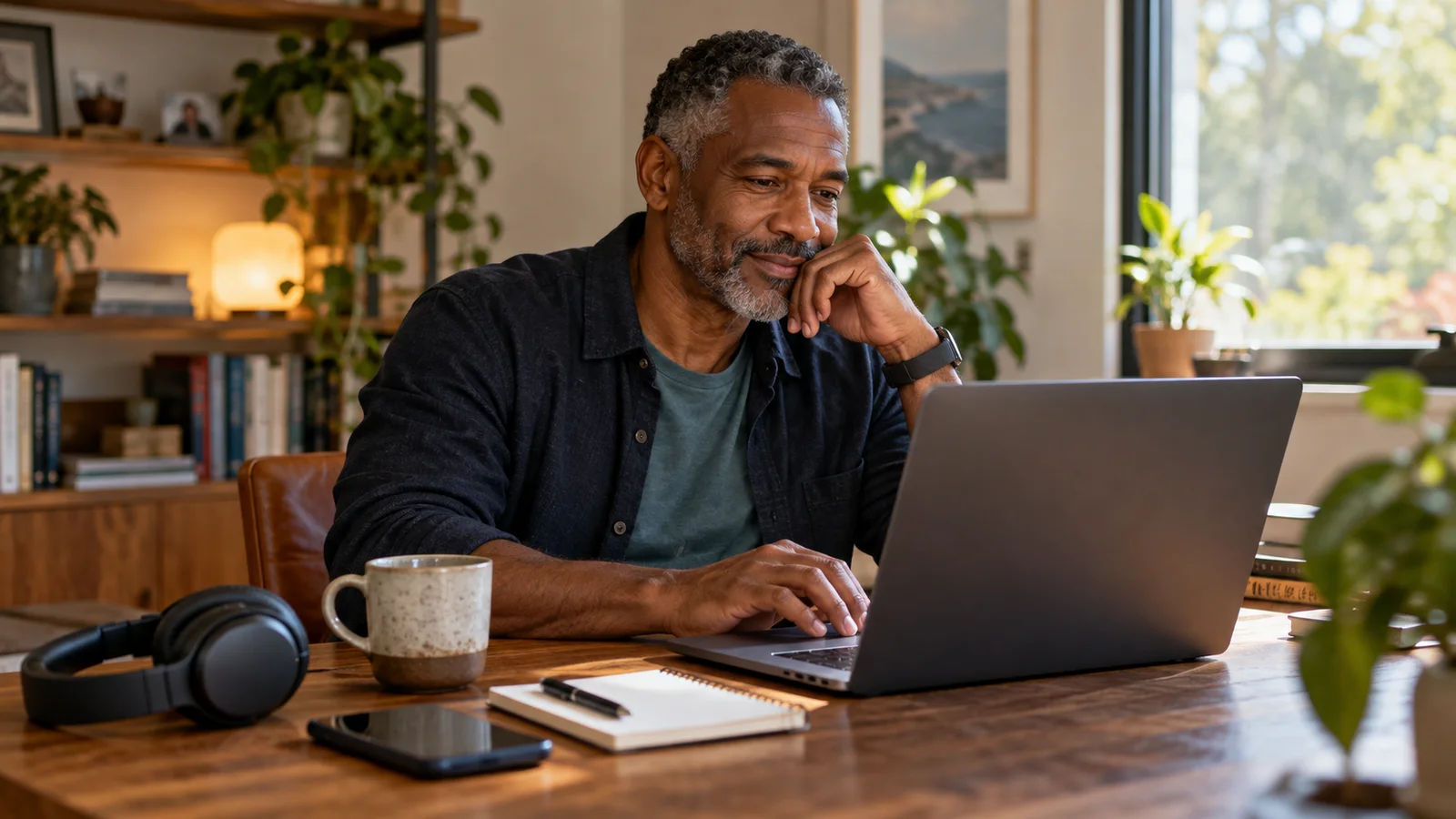 A fictional adult man returns to focused work at a calm home desk, with a face-down phone and a blank restart note