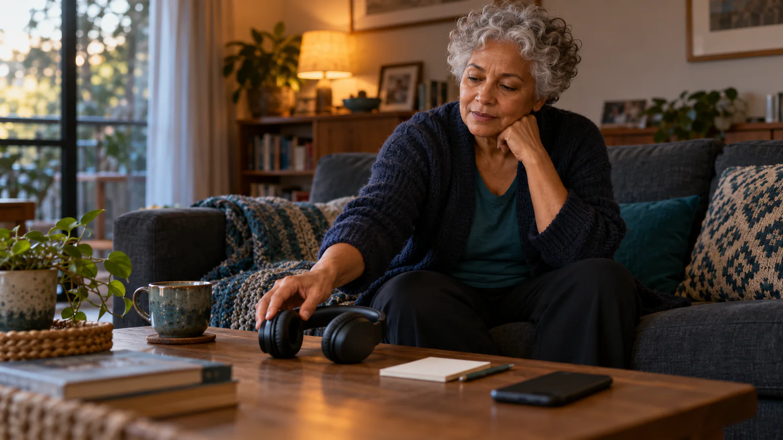 A fictional older adult places stereo headphones beside a simple return plan in a comfortable lounge