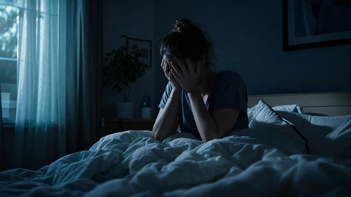 Woman with sleep anxiety in bedroom