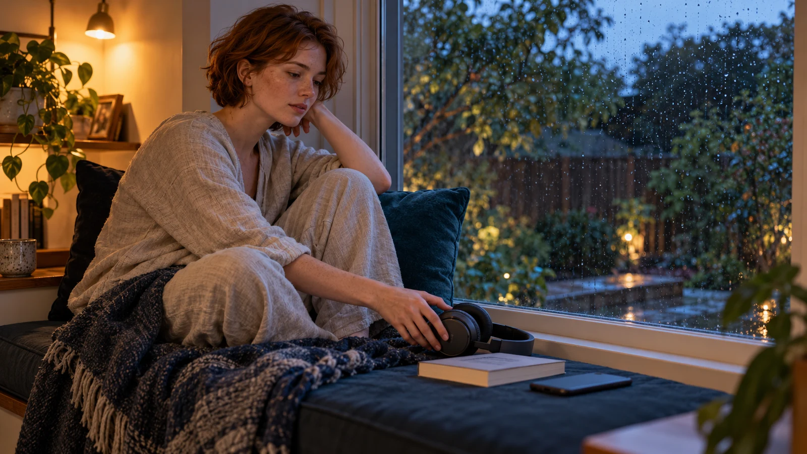 Fictional adult in a quiet reading nook placing headphones beside a closed paperback while choosing a less engaging bedtime format