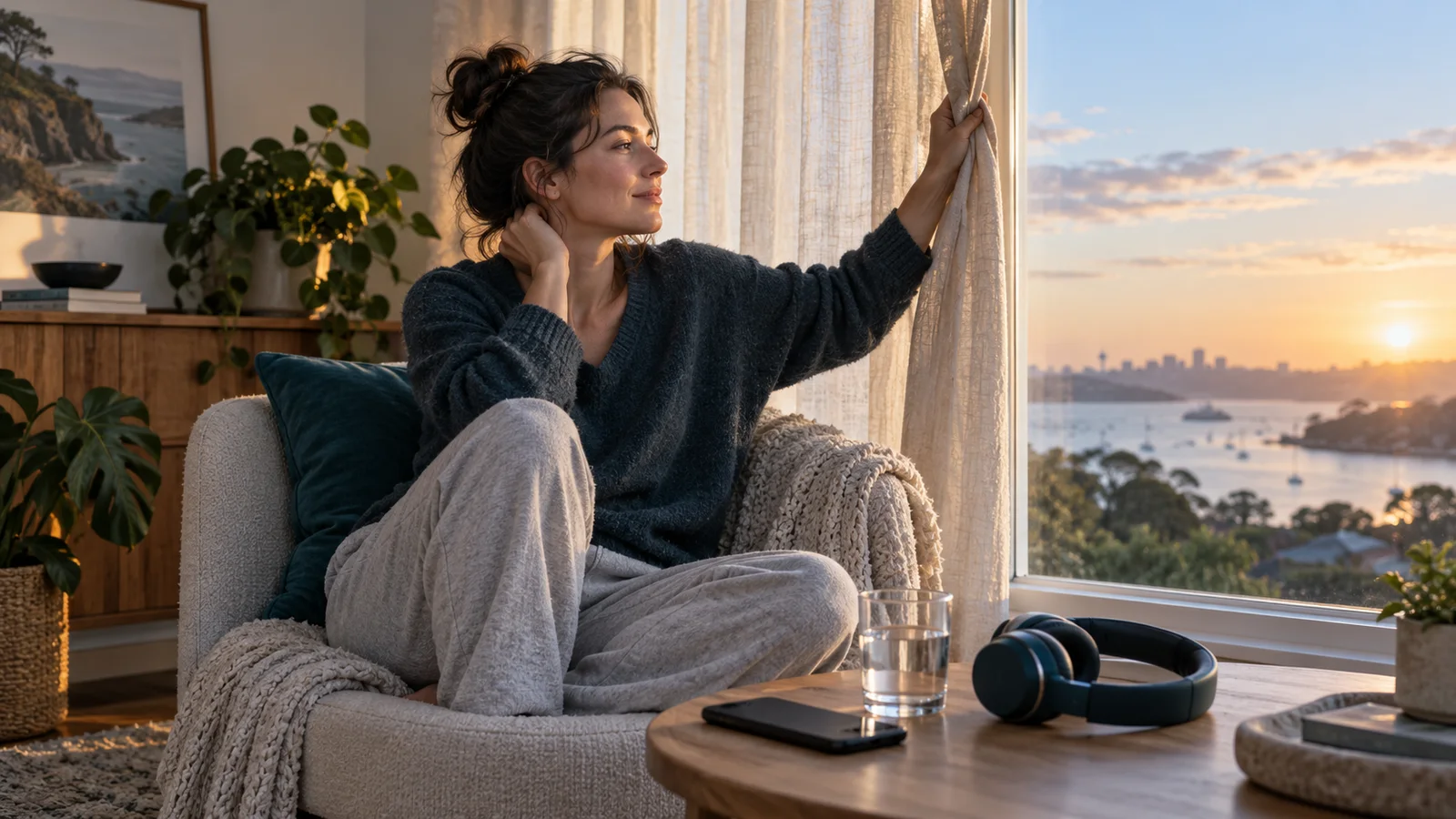 A woman opens the curtains at sunrise beside water, a phone and headphones prepared for a gentle morning routine