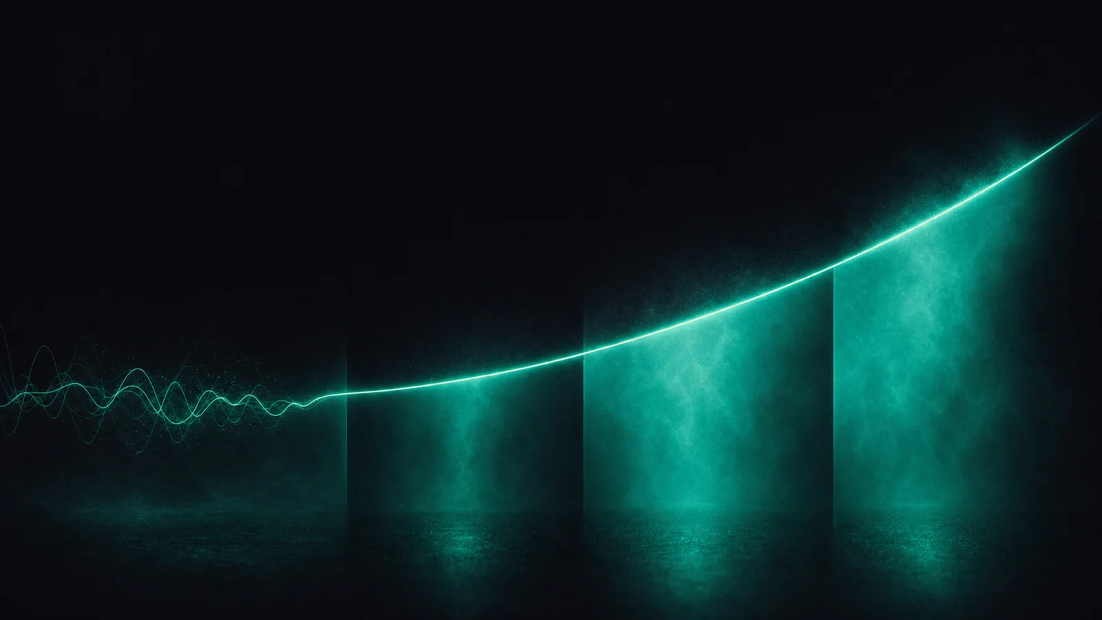 An erratic waveform on the left resolving into a single smooth teal line that climbs across four bands of light, one for each week of a Tihna programme
